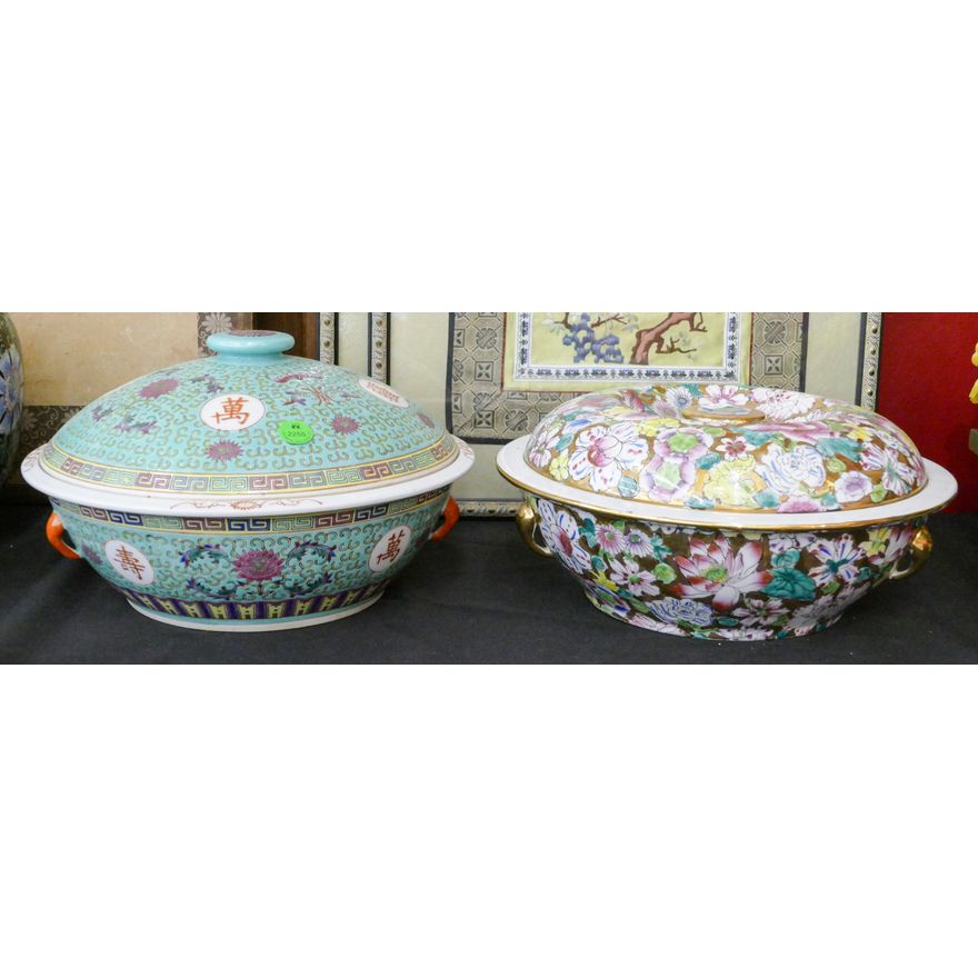 2pc Vintage Chinese Porcelain Covered Serving Bowls 11''