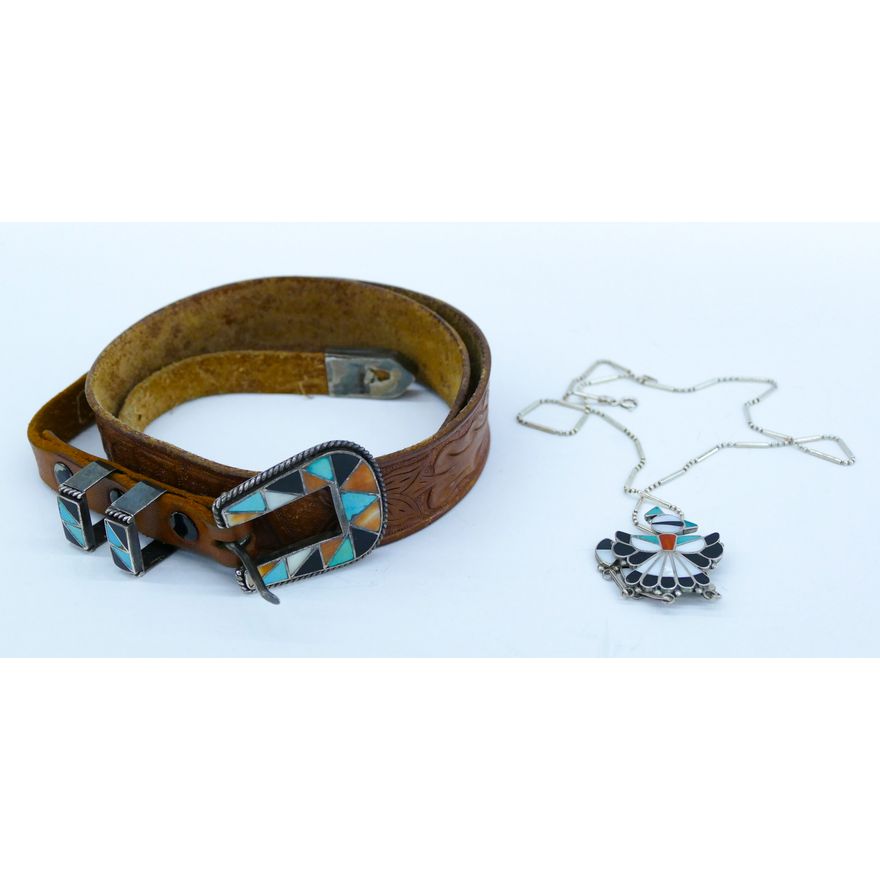 Box Zuni Southwest Inlaid Silver Belt and Necklace