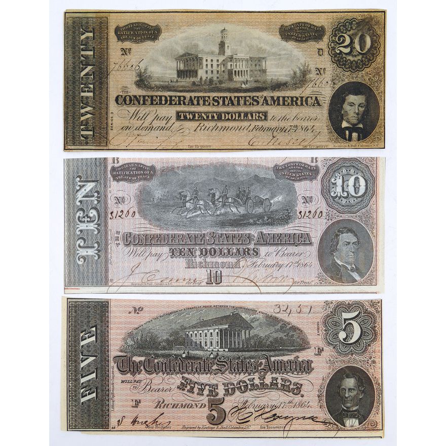 3pc 1864 Richmond Confederate Currency Set $5, $10, $20