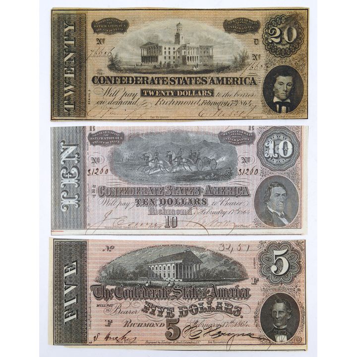 3pc 1864 Richmond Confederate Currency Set $5, $10, $20