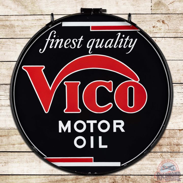 Rare Vico "Finest Quality" Motor Oil 30" Double Sided Porcelain Sign w/ Ring
