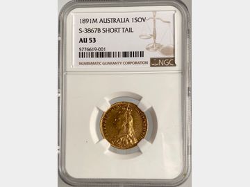 1891 VICTORIA JUBILEE HEAD MELBOURNE MINT 'SHORT TAIL' GOLD SOVEREIGN AU53 NGC R5