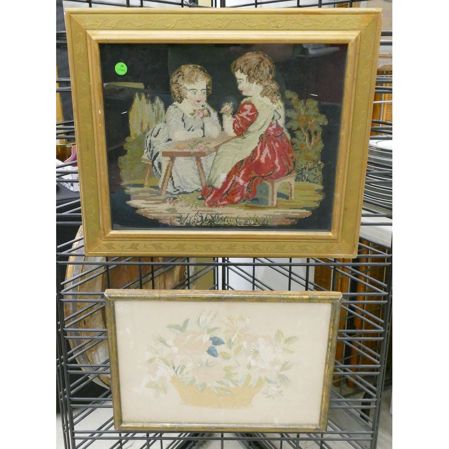 2pc Victorian Needleworks Framed 16''x19'' Largest - Children and Silk Flowers