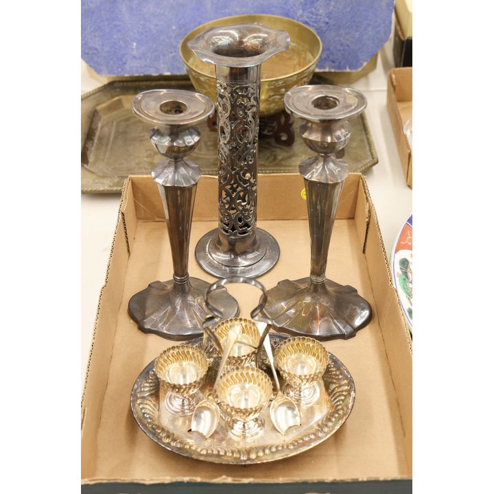 Box Antique Silverplated Candlesticks etc.