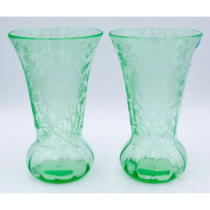 Pair Green Floral & Bird Etched Glass Vases 10''