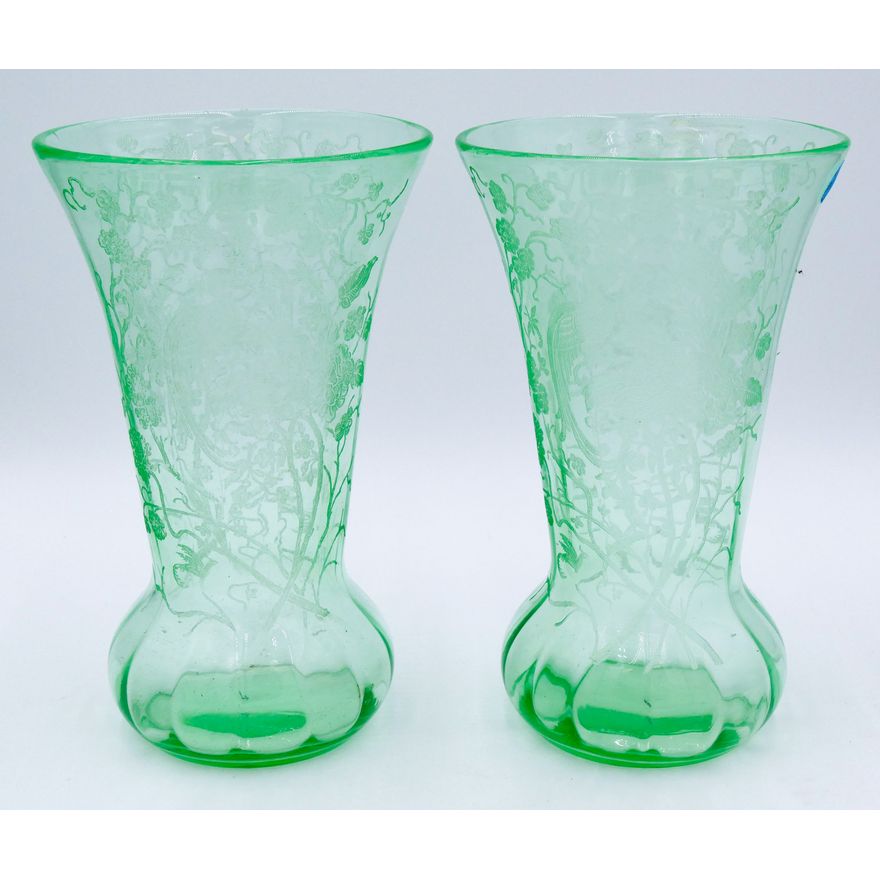 Pair Green Floral & Bird Etched Glass Vases 10''