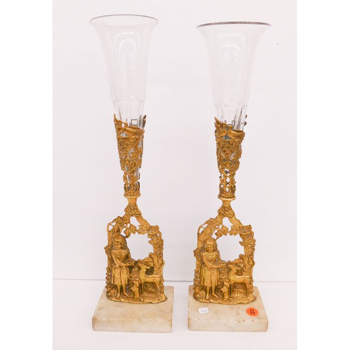Pair Antique Brass Trumpet Vases with Glass Inserts- 18'' tall