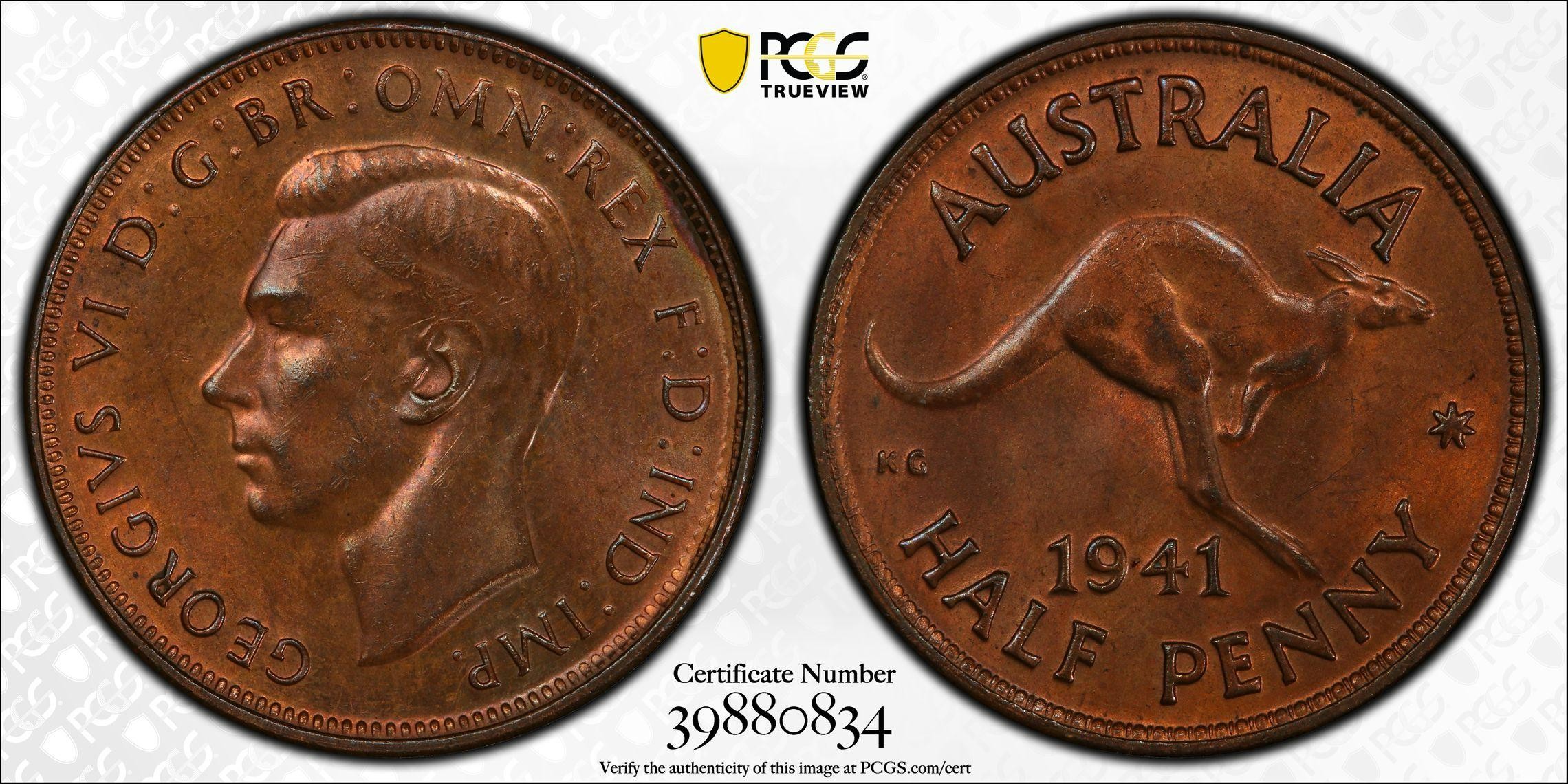 1941 Australia Half Penny PCGS - MS63RB -834