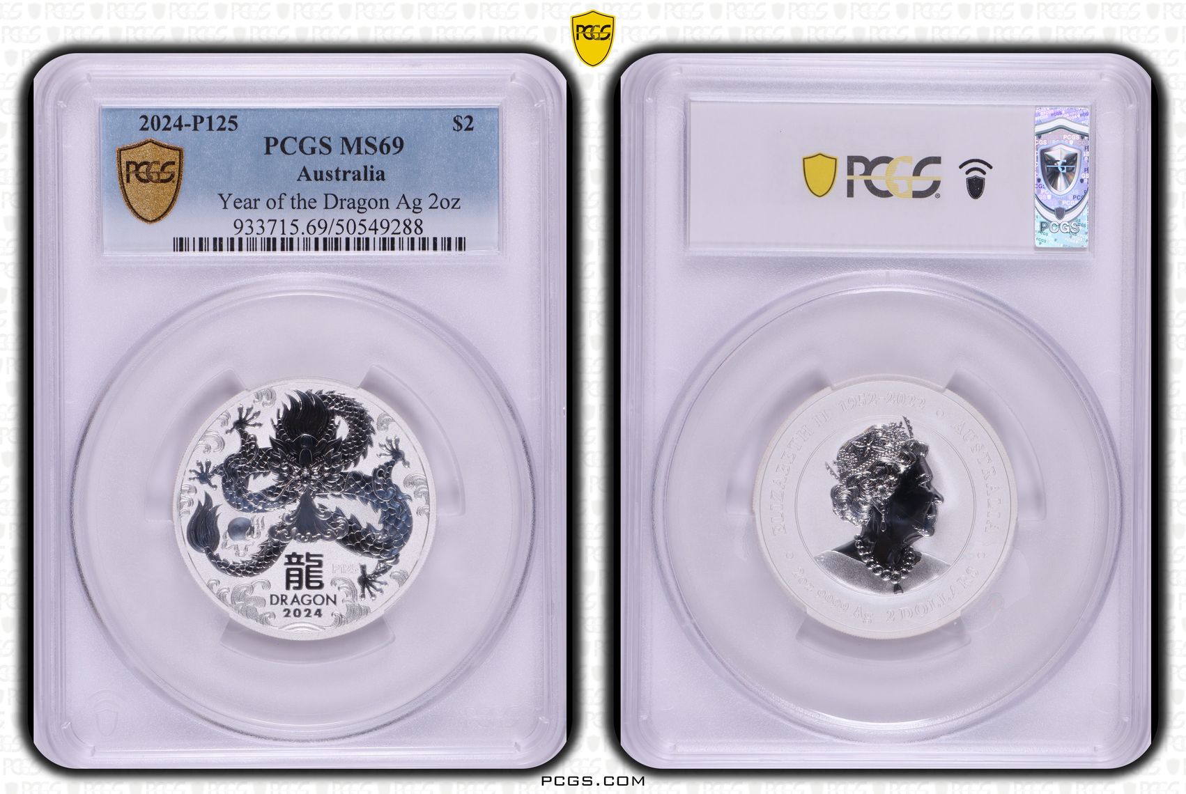 Year of the Dragon 2oz Silver, Two Dollars, 2024-P125, PCGS MS69