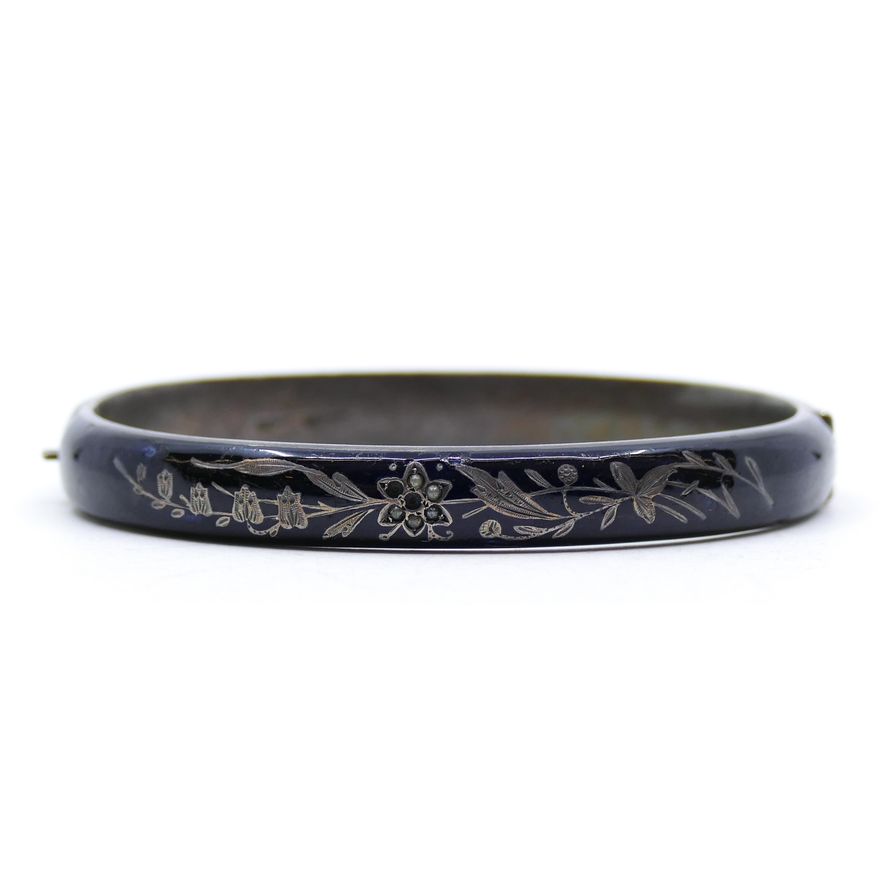 Victorian Niello Sterling Bangle Bracelet 2.5'' Diameter