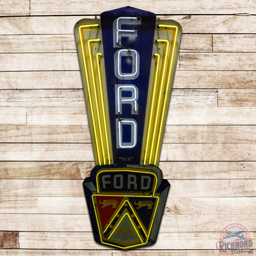 Ford Jubilee Vertical SS Porcelain Neon Sign w/ Crest Logo