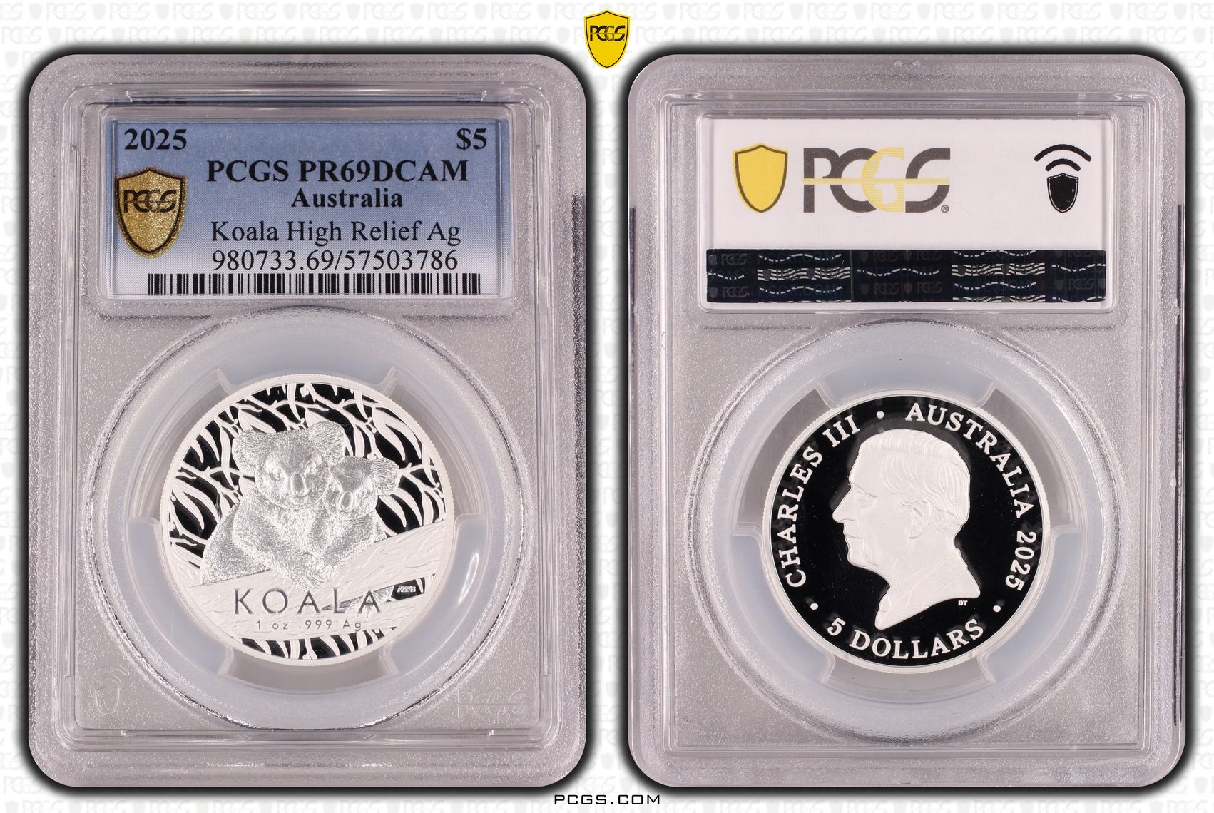 Koala High Relief Silver, Five Dollar, 2025, PR69DCAM
