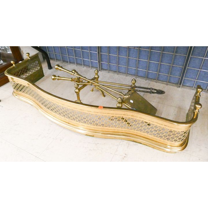 4pc Antique Brass Fire Fender, Andirons, and Tool Set- largest 43''