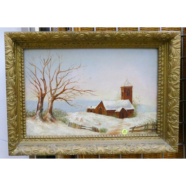 Antique Naive Wingter with Church Oil on Panel Framed- 16x22''