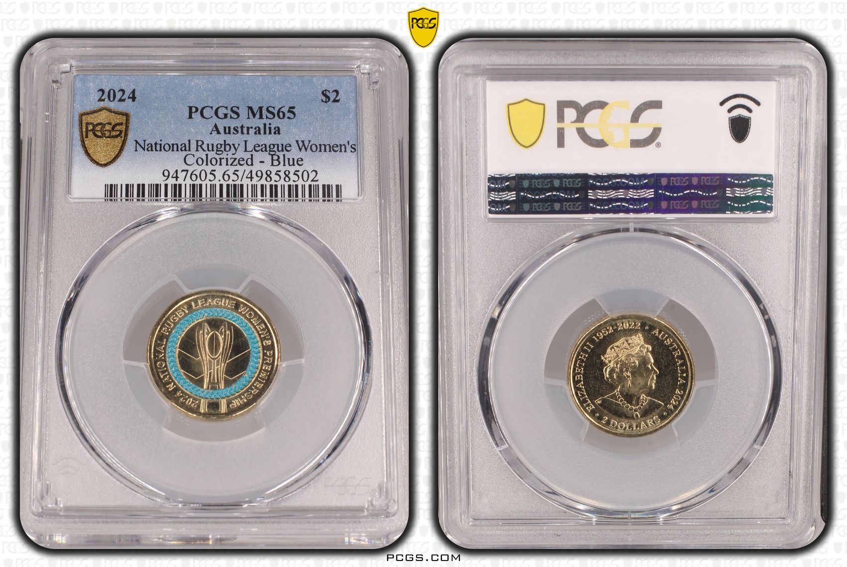 Elizabeth II, National Rugby League Women's Colorized - Blue , Two Dollar, 2024, PCGS MS65