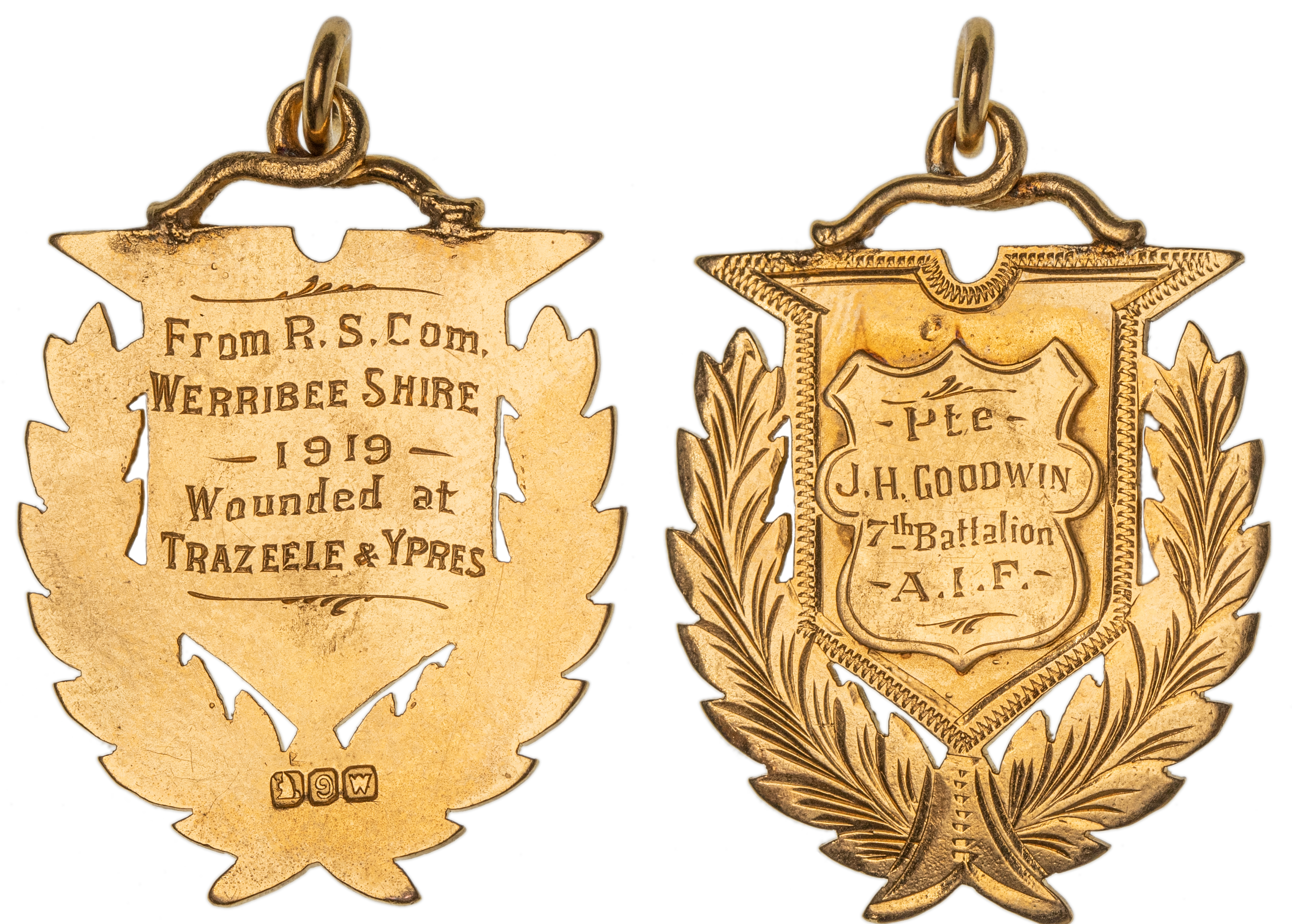 313 · Werribee Shire, Victoria, WWI Returned Soldiers Gold Fob Medal,