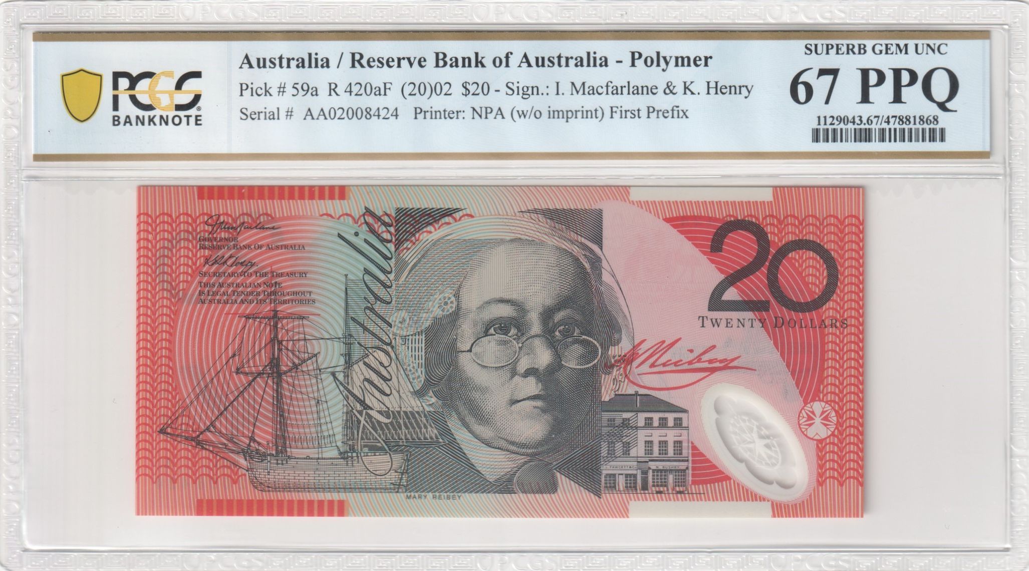 Macfarlane/ Henry, First Prefix, Twenty Dollar, 2002, PCGS Superb Gem UNC 67 PPQ