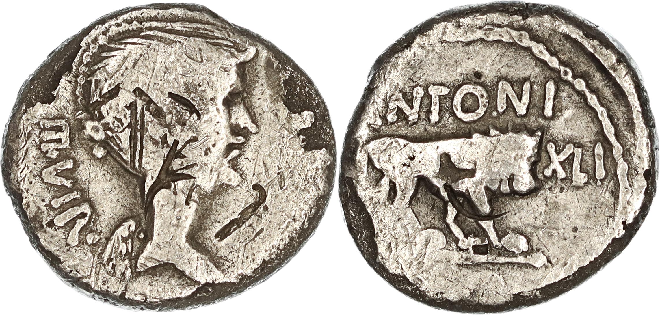 Roman Republic, Imperatorial Period, M. Antonius M.f. M.n. (Mark Antony), Silver Quinarius, 42 BC, Fair