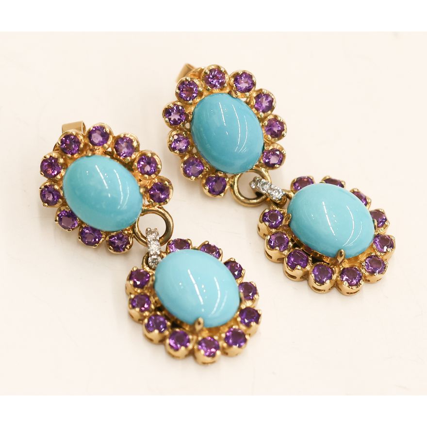 Pair LeVian 14k Turquoise & Amethyst Drop Earrings
