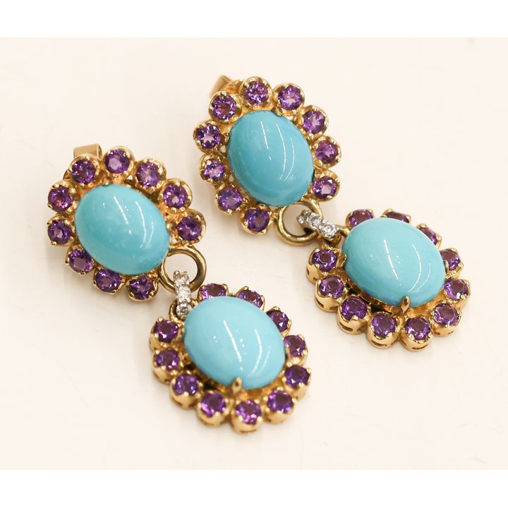 Pair LeVian 14k Turquoise & Amethyst Drop Earrings