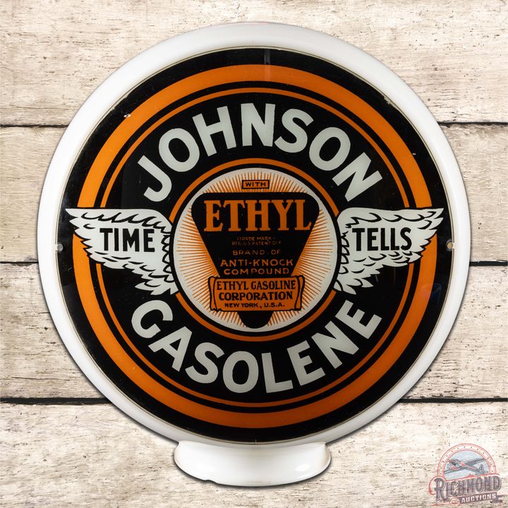 Johnson Time Tells Ethyl Gasolene Complete 13.5" Gas Pump Globe w/ Wide Milk Glass Body
