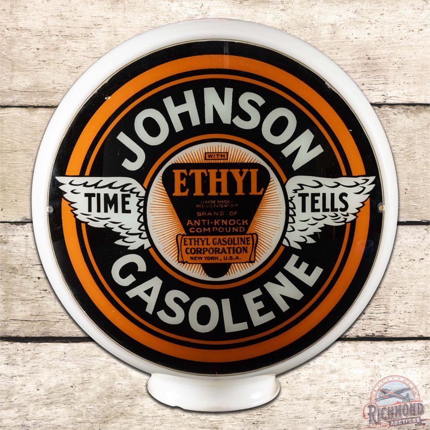 Johnson Time Tells Ethyl Gasolene Complete 13.5" Gas Pump Globe w/ Wide Milk Glass Body