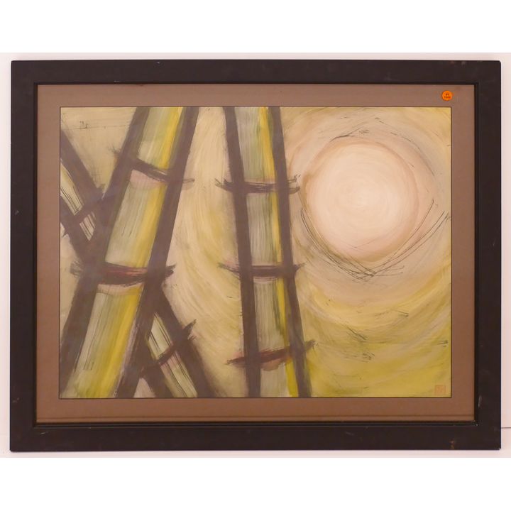 Japanese Abstract Moon and Bamboo Watercolor Framed- 29x36''