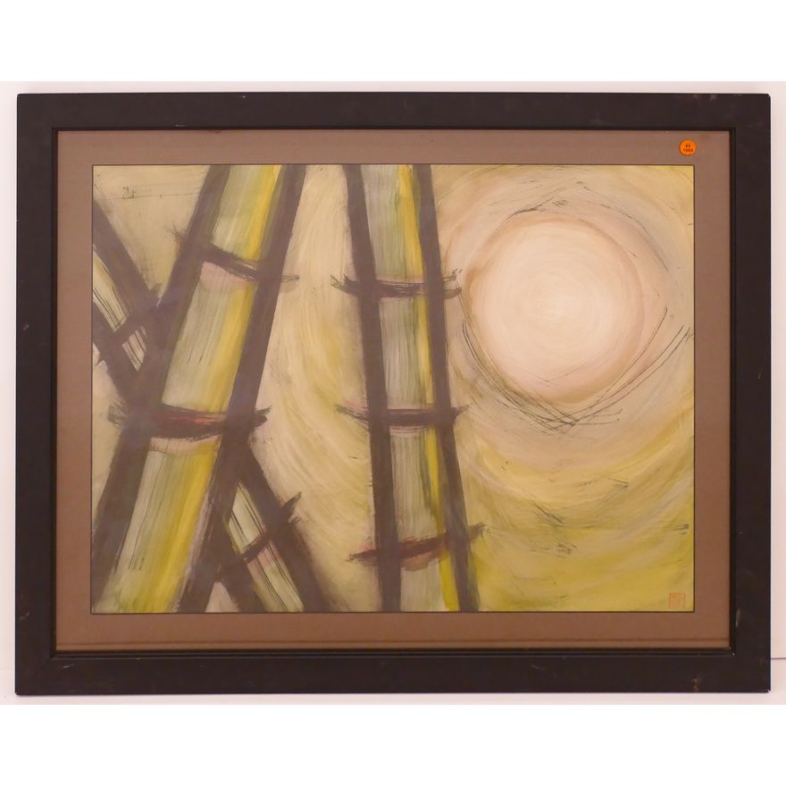 Japanese Abstract Moon and Bamboo Watercolor Framed- 29x36''
