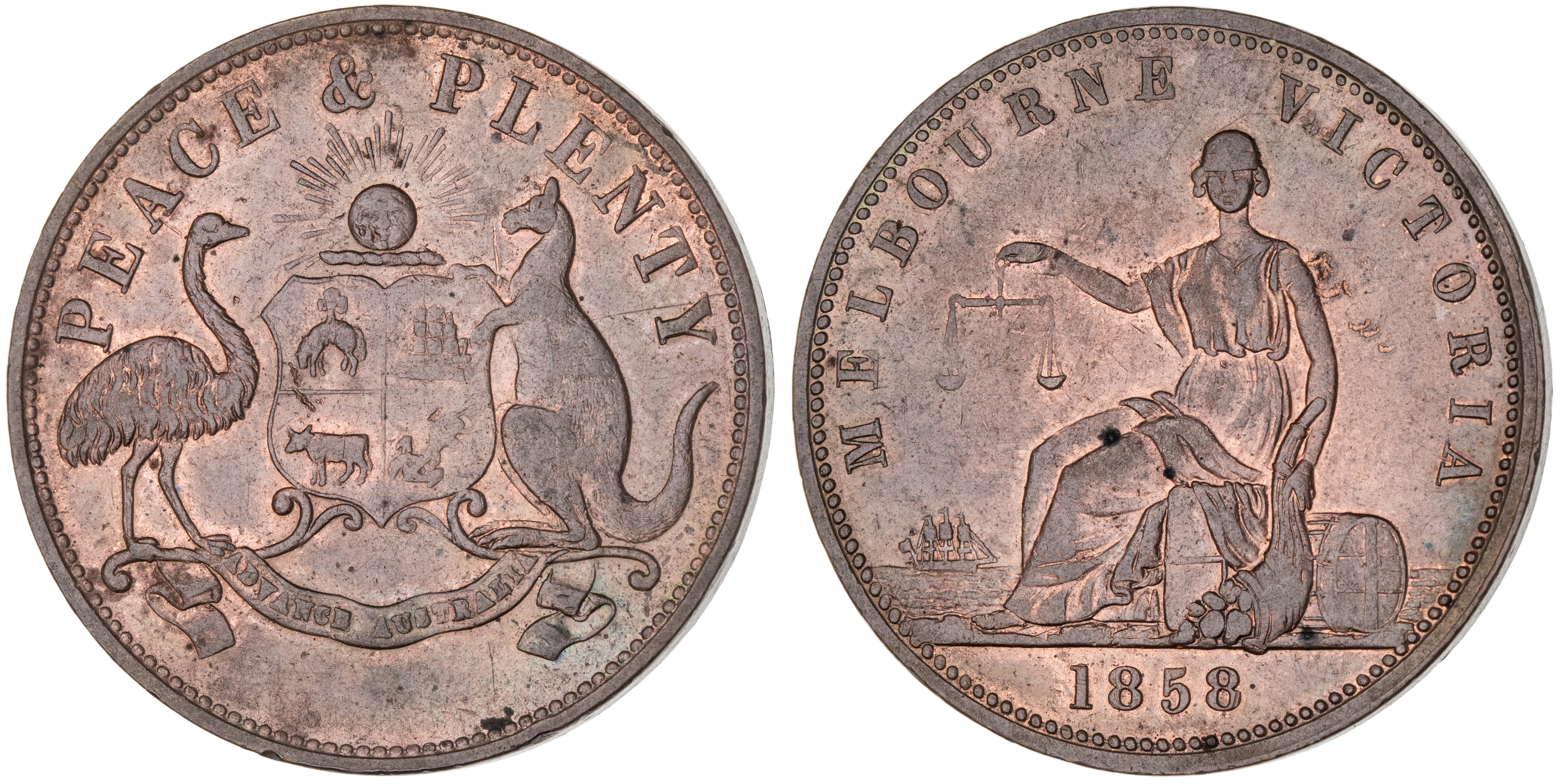 Melbourne, Victoria, Peace & Plenty, Penny, 1858, aUNC
