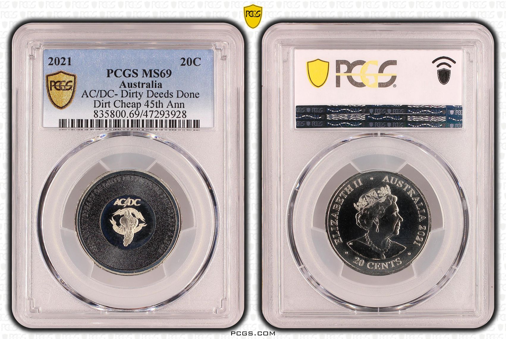 Elizabeth II, AC/DC- Dirty Deeds Done Dirt Cheap 45th Anniversary, Twenty Cent, 2021, PCGS MS69