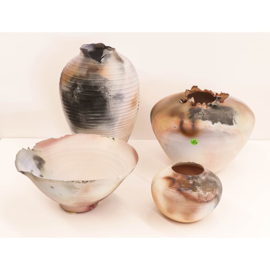 4pc Raku Pottery Bowls & Vases signed Adachi- 5'' to 14''
