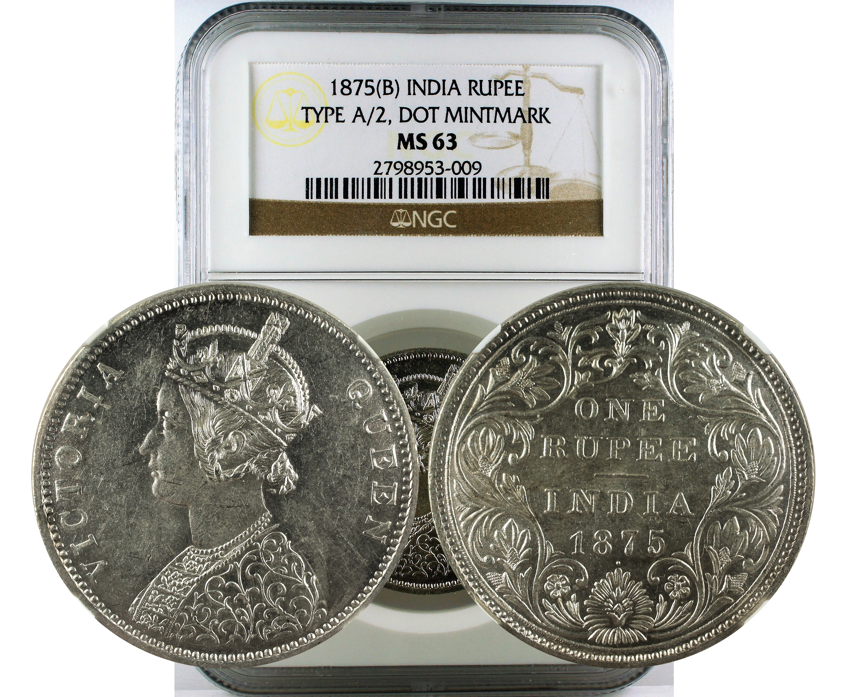 1875(B) INDIA TYPE A/2, DOT MINTMARK RUPEE MS 63