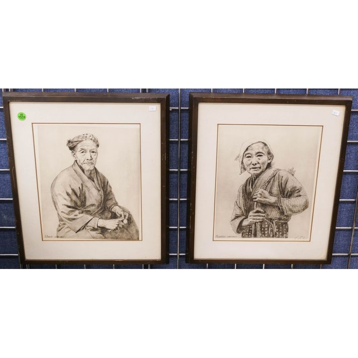 Pair Willy Seiler 'Woodcarver and Peddler Woman' Signed Etchings- Framed 17x15'' each