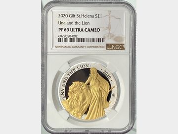2020 ST HELENA UNA AND THE LION SILVER GILDED .999 GOLD ONE POUND COIN PF69 ULTRA CAMEO
