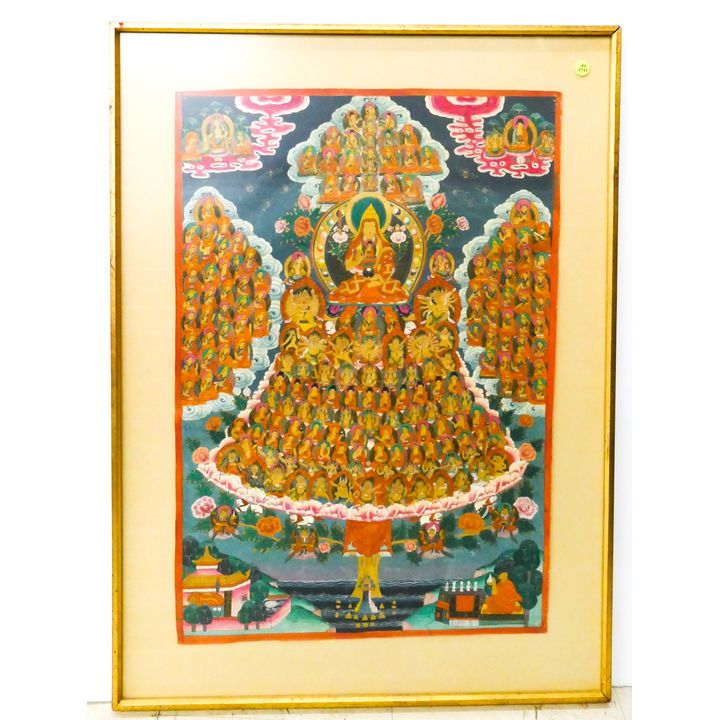 Fine Tibetan Painted Buddhist Thangka Framed- 35x26''