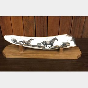 Beautiful Scrimshaw Scene on Fossilized Ivory Depicting Horses
