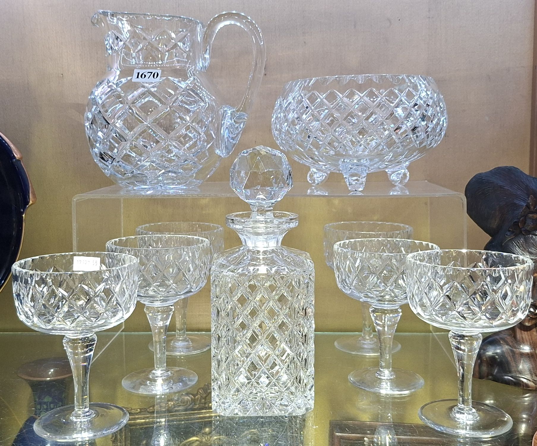 CRYSTAL STEMS, JUG, DECANTER AND BOWL
