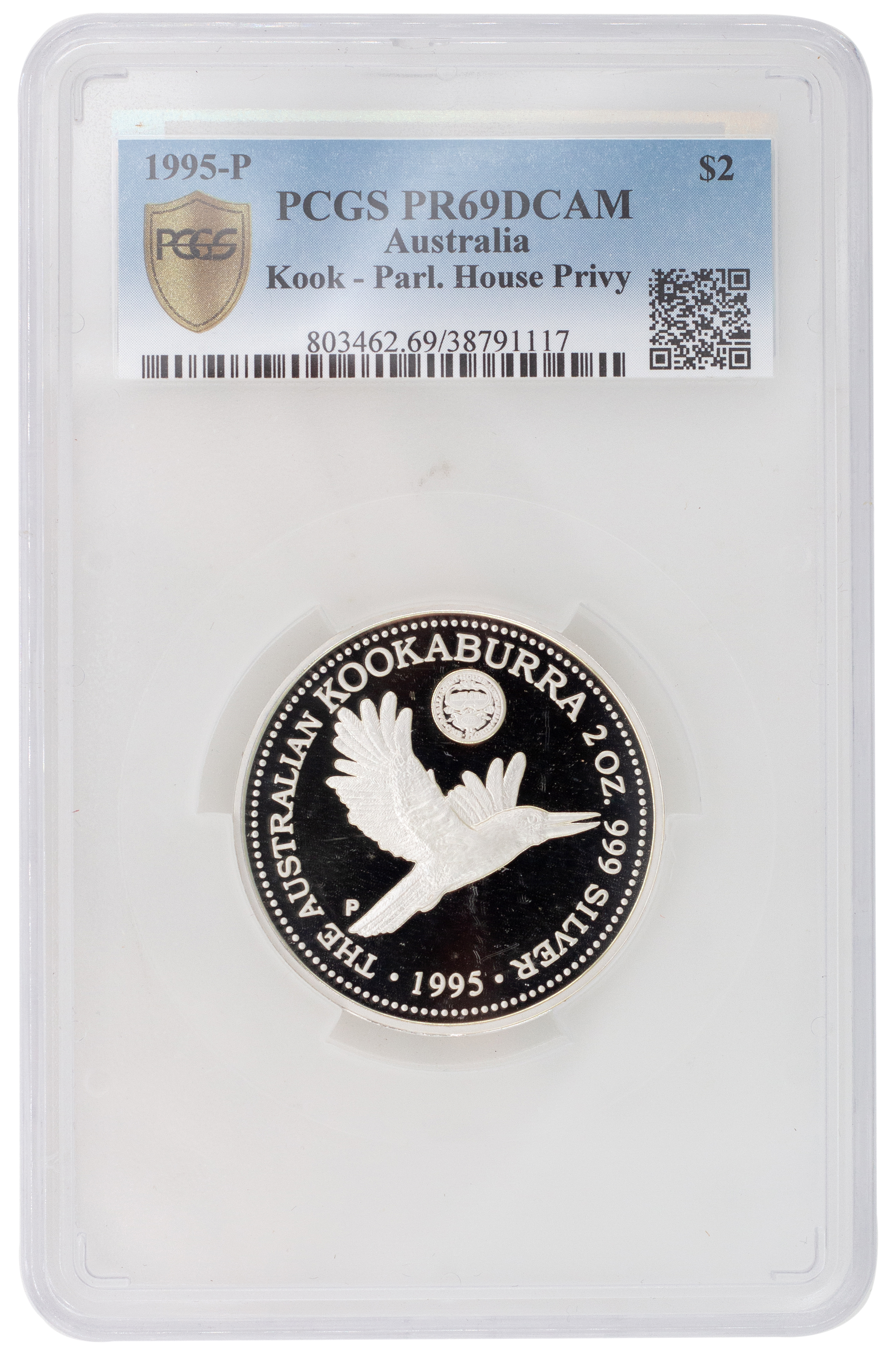 Elizabeth II, 2oz Kookaburra, Two Dollars, 1995-P, PCGS PR 69DCAM