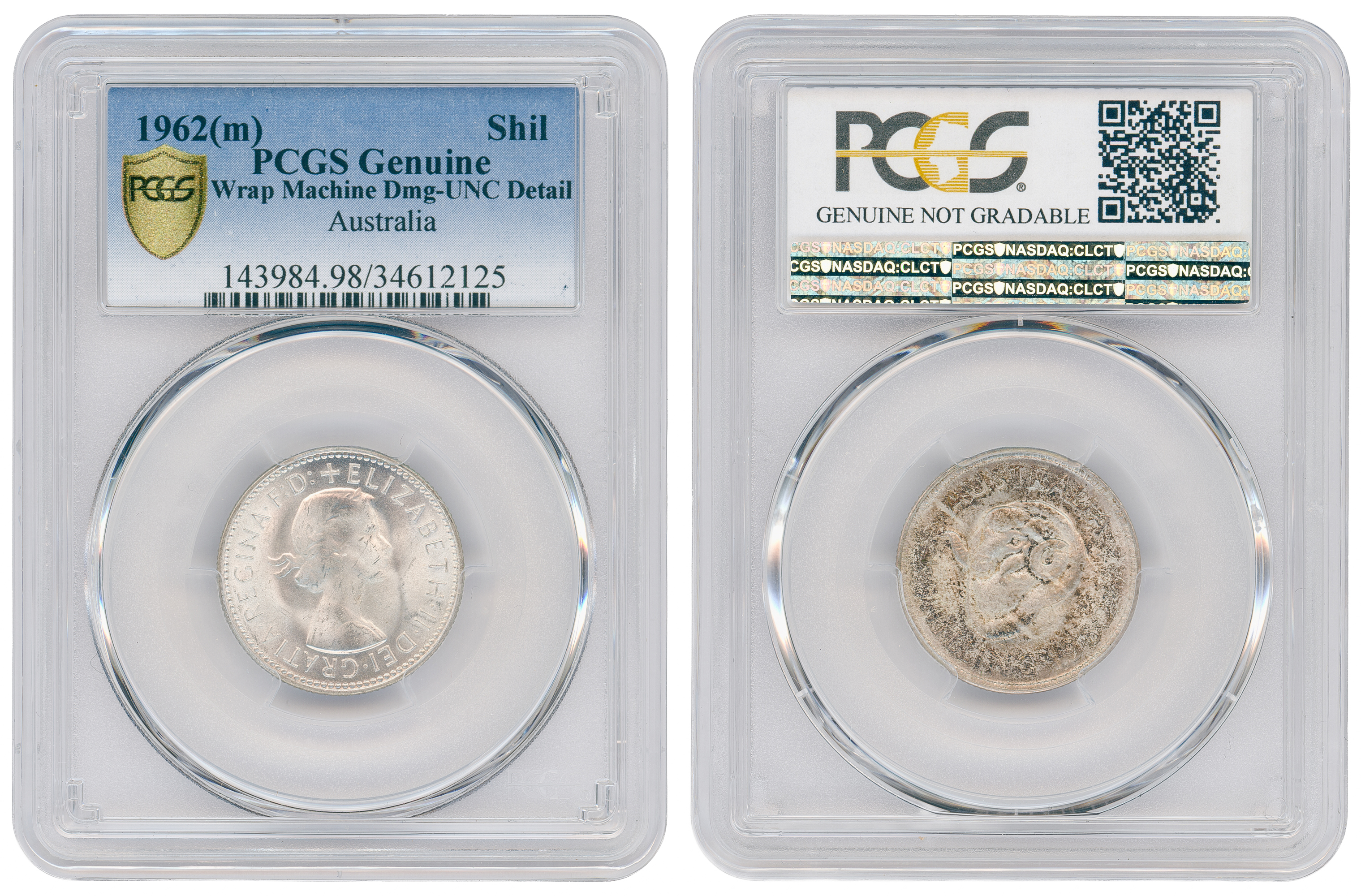 Elizabeth II, Shilling, 1962(m), PCGS Genuine - UNC Details (98 - Damage)