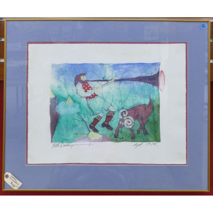 Kathy Donahey ''Man with Horn'' 1979 Batik Painting Framed 24''x29''