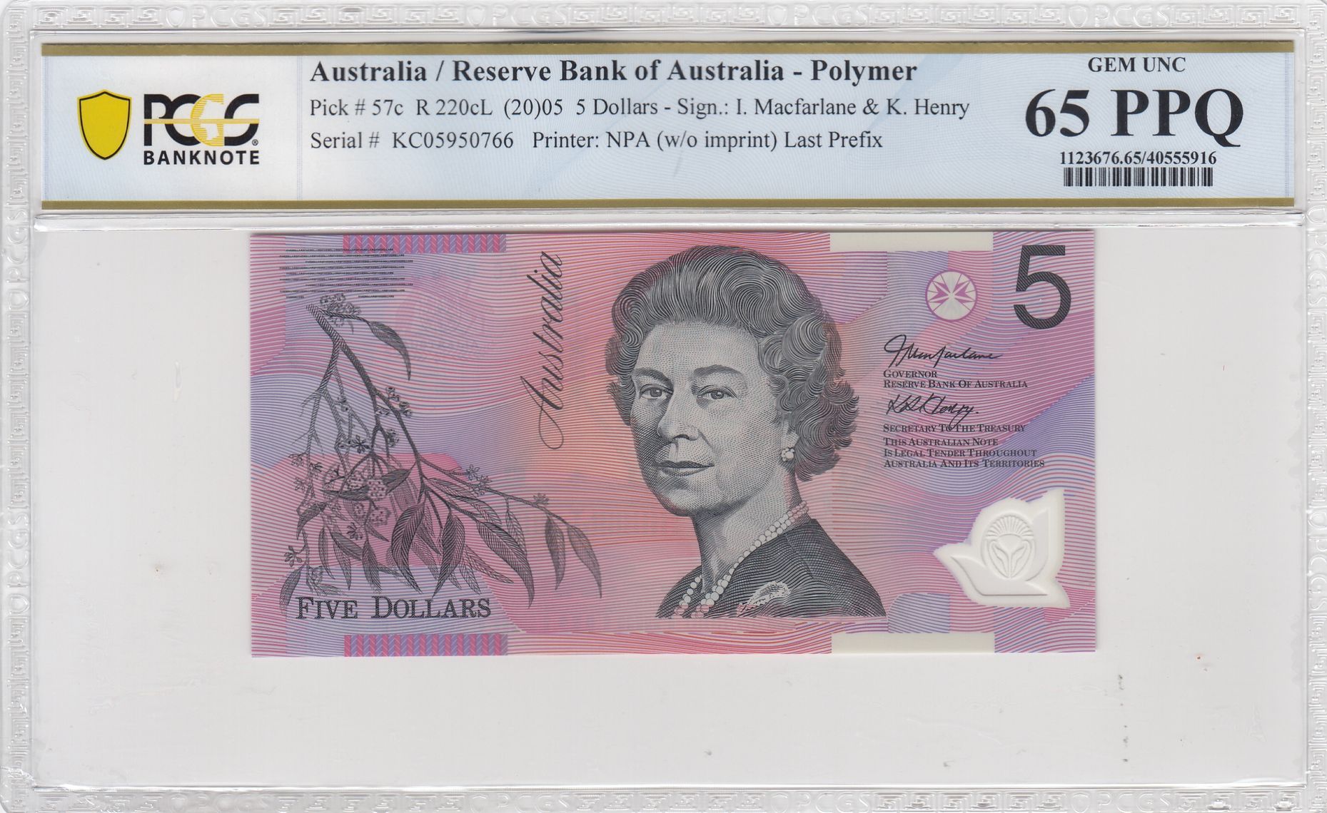 Macfarlane/Henry, Last Prefix, Five Dollar, 2005, PCGS Gem UNC 65 PPQ