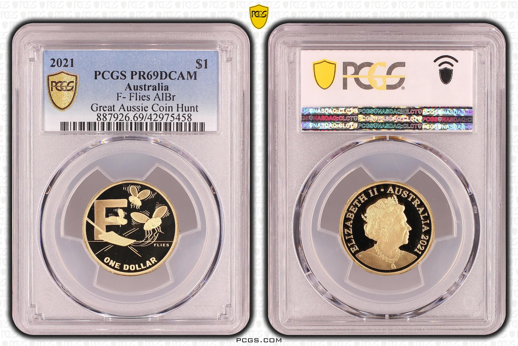 Elizabeth II, F- Flies, Great Aussie Coin Hunt, One Dollar, PR69DCAM , 2021 PCGS POP - 2/0