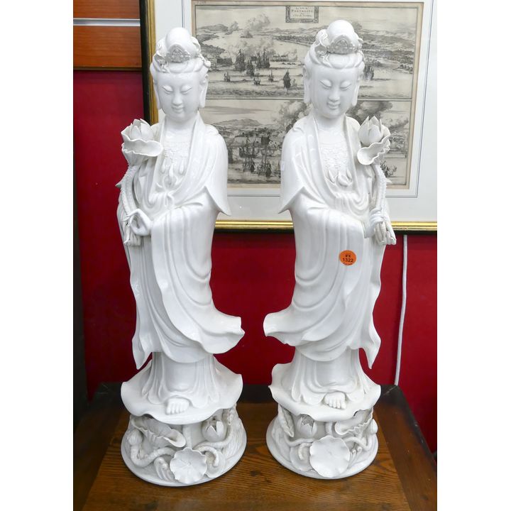 Pair Large Chinese Blanc de Chine Quanyin Figures- 22''- some minor chips