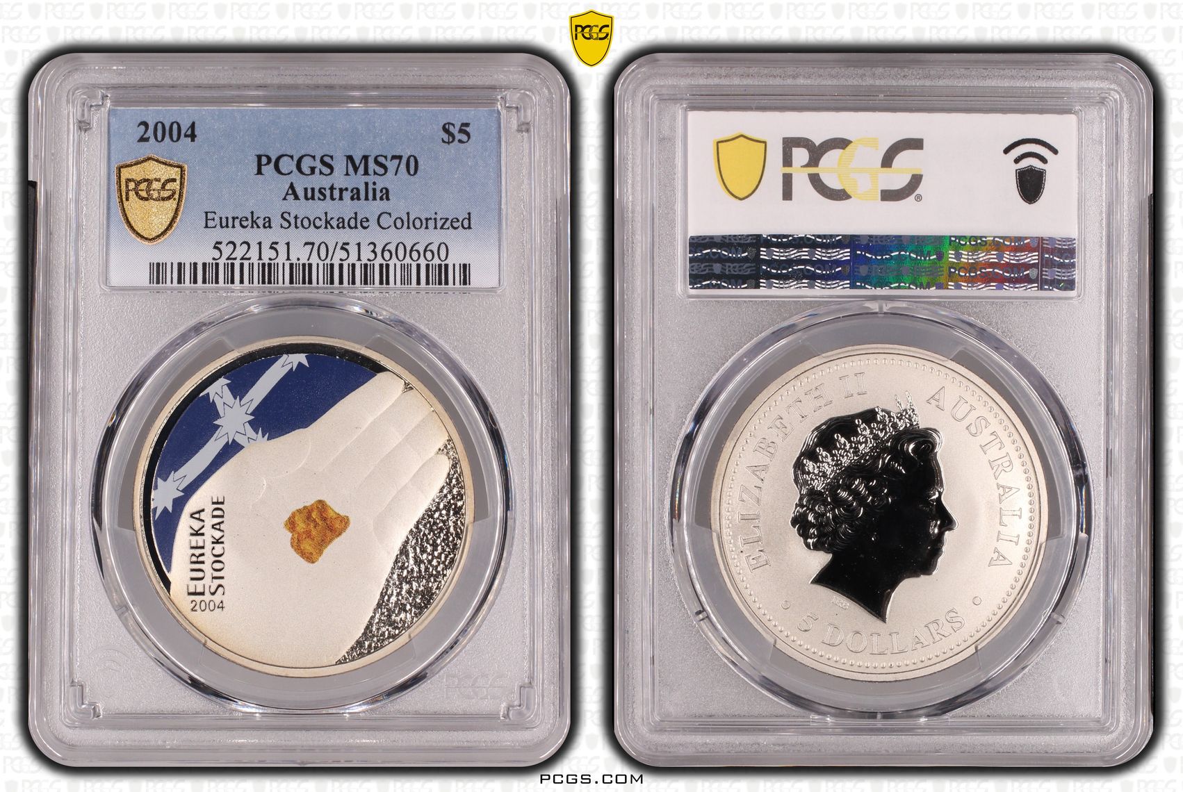 Eureka Stockade Colorized, POP 19/0, Five Dollar, 2004, PCGS MS70