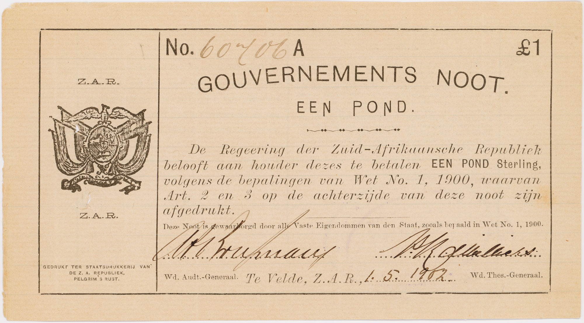 South Africa, Anglo-Boer War - Government Note, One Pound, 1902, VF