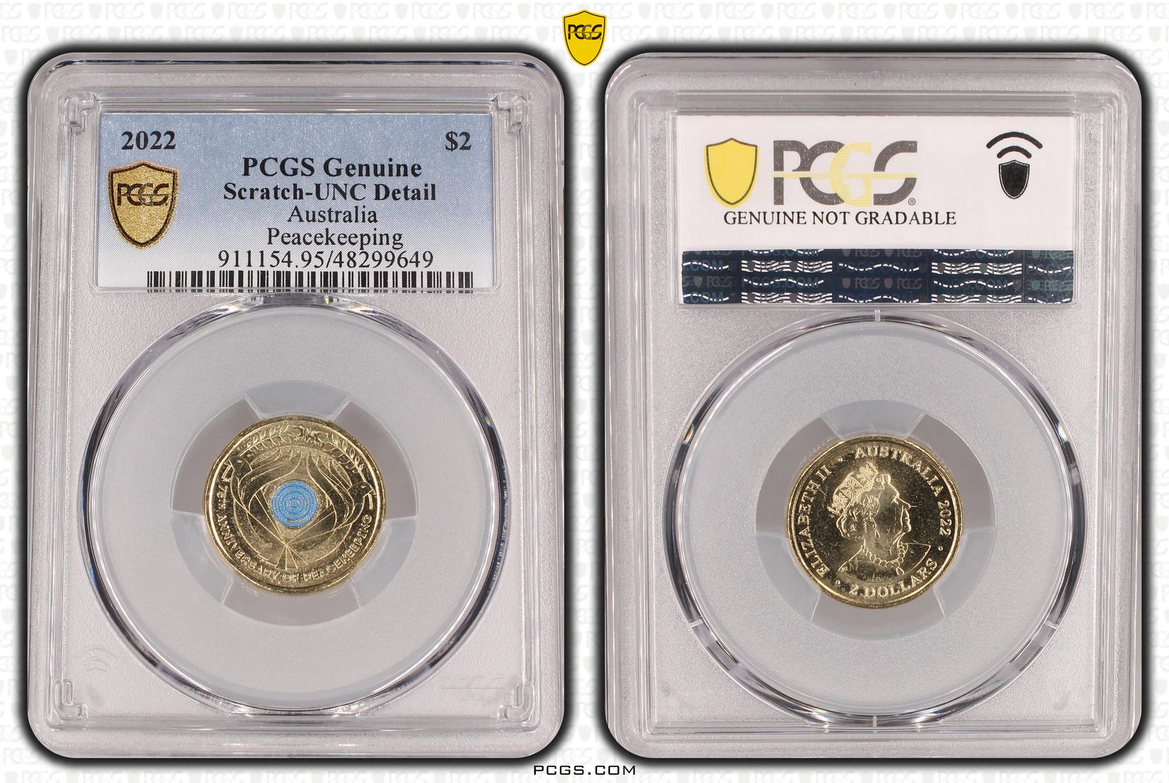 Peacekeeping - Colourised, Two Dollar, 2022, PCGS Genuine - UNC Details (95 - Scratch)
