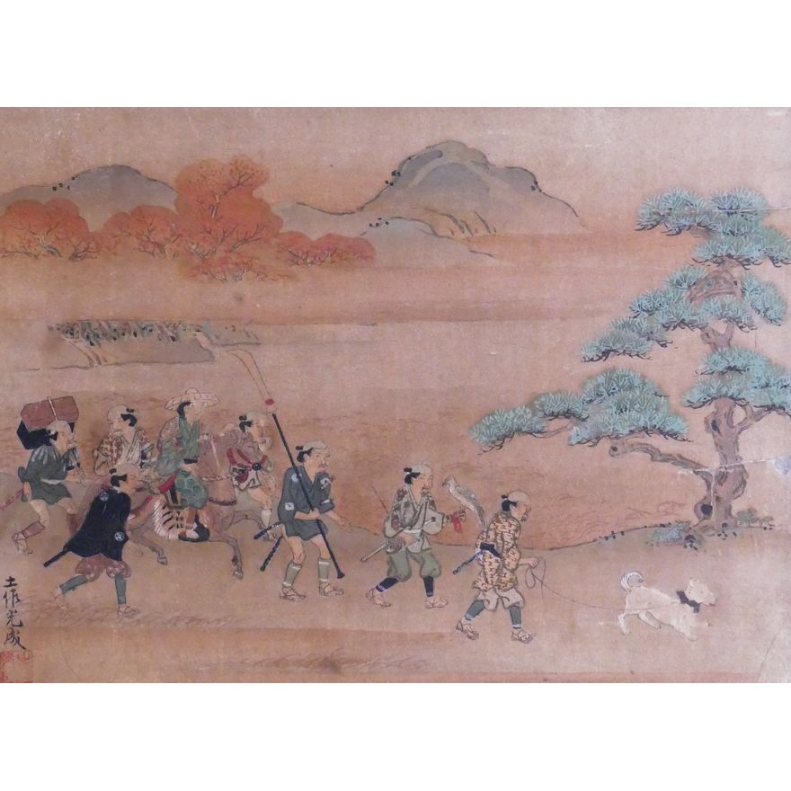 Old Japanese Samurai in Landscape Painted Scroll- 49x21''