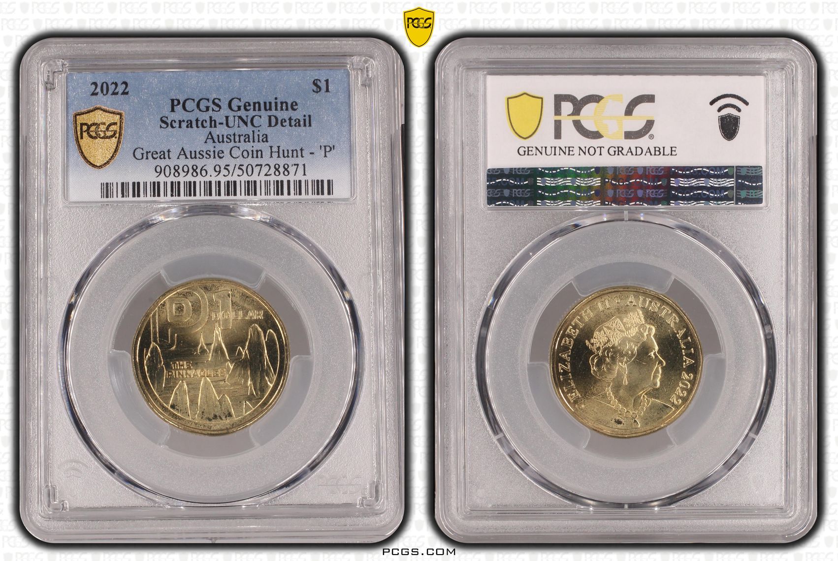 Great Aussie Coin Hunt - 'P', One Dollar, 2022, PCGS Genuine - UNC Details (95 - Scratch)