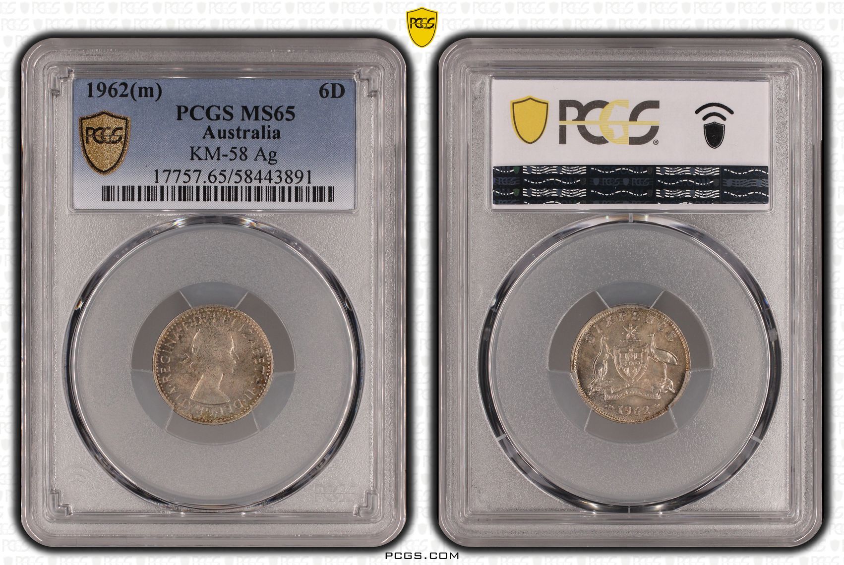 252 · KM-58 Silver, Sixpence, 1962(m), PCGS MS65