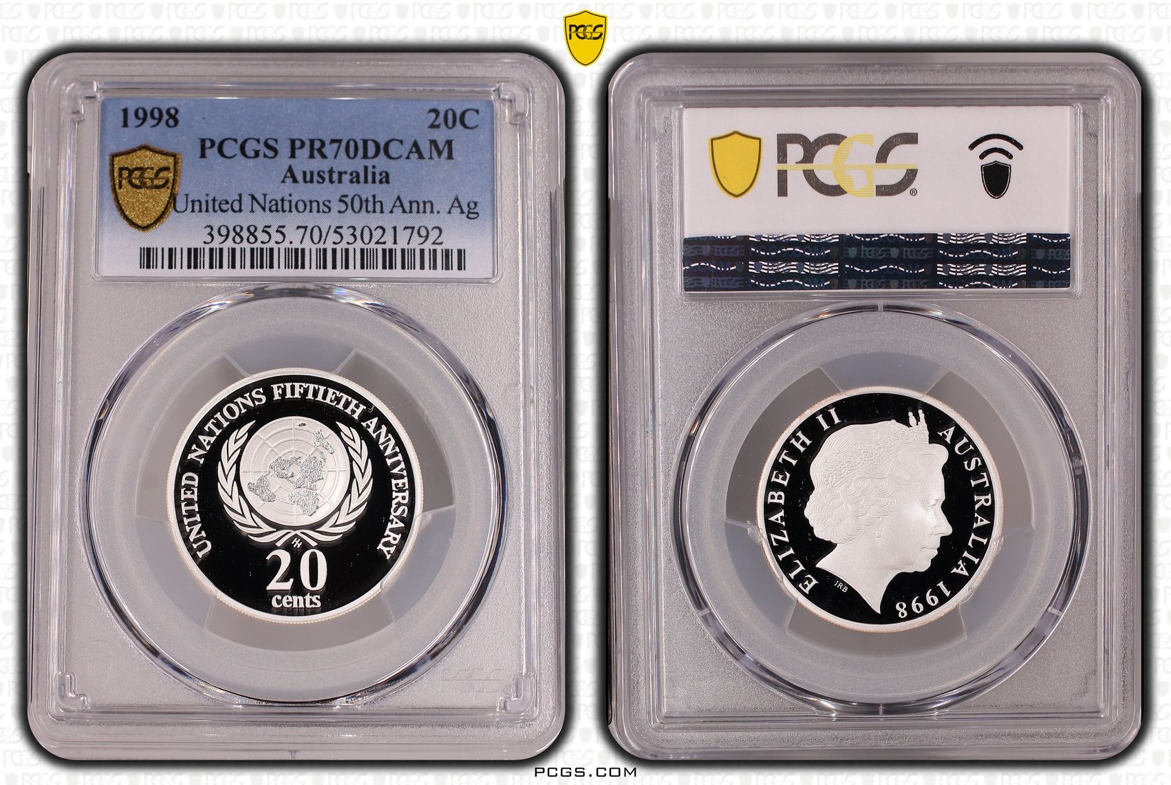 United Nations 50th Ann. Silver, Twenty Cents, 1998, PCGS PR70DCAM